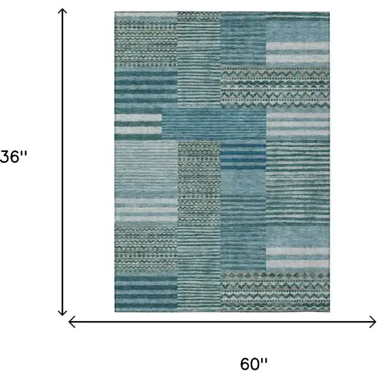 Teal Blue And Pewter Striped Washable Indoor Outdoor Area Rug Photo 7