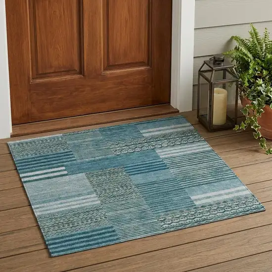 Teal Blue And Pewter Striped Washable Indoor Outdoor Area Rug Photo 1