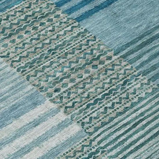 Teal Blue And Pewter Striped Washable Indoor Outdoor Area Rug Photo 6