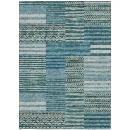 Teal Blue And Pewter Striped Washable Indoor Outdoor Area Rug Photo 4