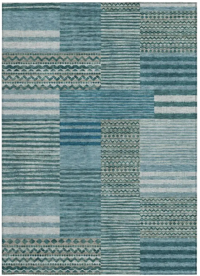 Teal Blue And Pewter Striped Washable Indoor Outdoor Area Rug Photo 4