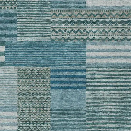Teal Blue And Pewter Striped Washable Indoor Outdoor Area Rug Photo 3
