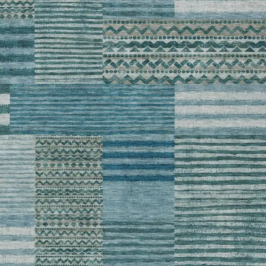 Teal Blue And Pewter Striped Washable Indoor Outdoor Area Rug Photo 3