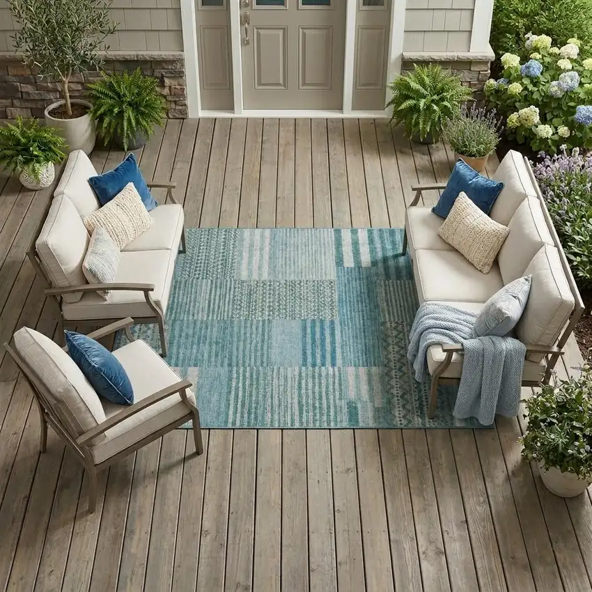 Teal Blue And Pewter Striped Washable Indoor Outdoor Area Rug Photo 1