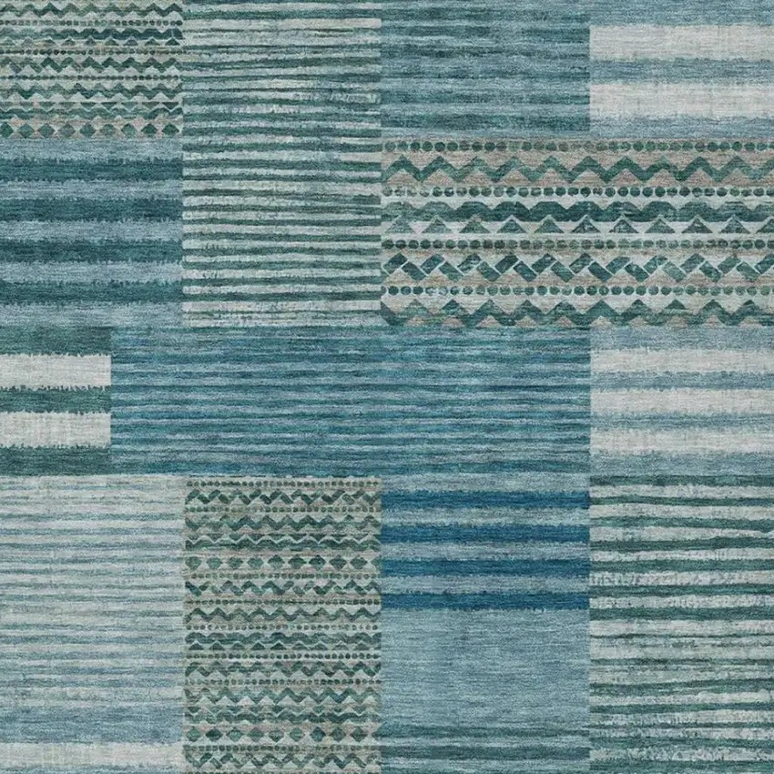 Teal Blue And Pewter Striped Washable Indoor Outdoor Area Rug Photo 3