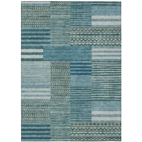 Teal Blue And Pewter Striped Washable Indoor Outdoor Area Rug Photo 2