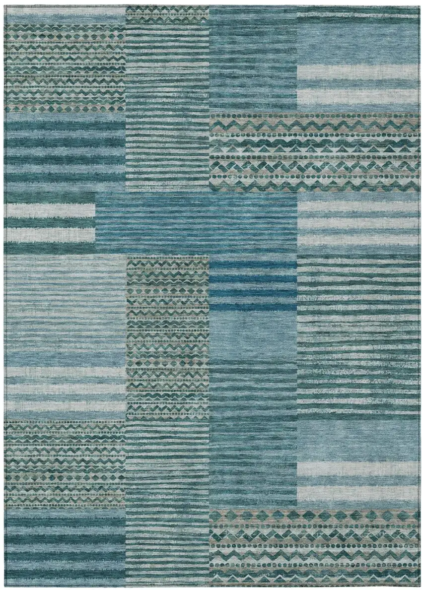 Teal Blue And Pewter Striped Washable Indoor Outdoor Area Rug Photo 2