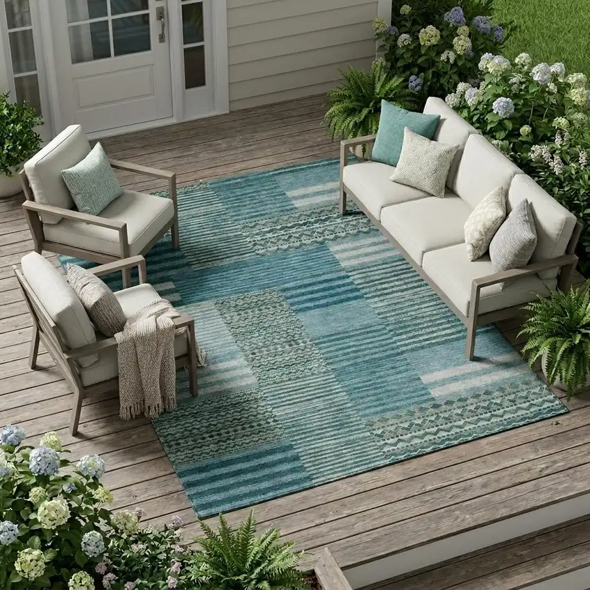 Teal Blue And Pewter Striped Washable Indoor Outdoor Area Rug Photo 1