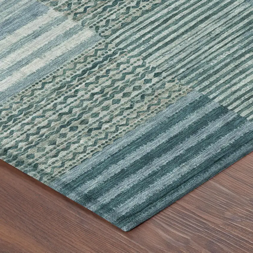 Teal Blue And Pewter Striped Washable Indoor Outdoor Area Rug Photo 5