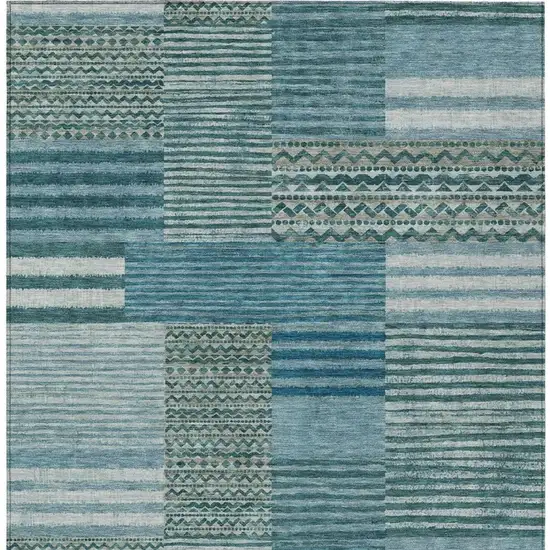 Teal Blue And Pewter Striped Washable Indoor Outdoor Area Rug Photo 4