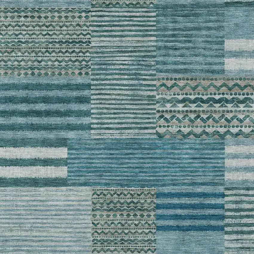 Teal Blue And Pewter Striped Washable Indoor Outdoor Area Rug Photo 3