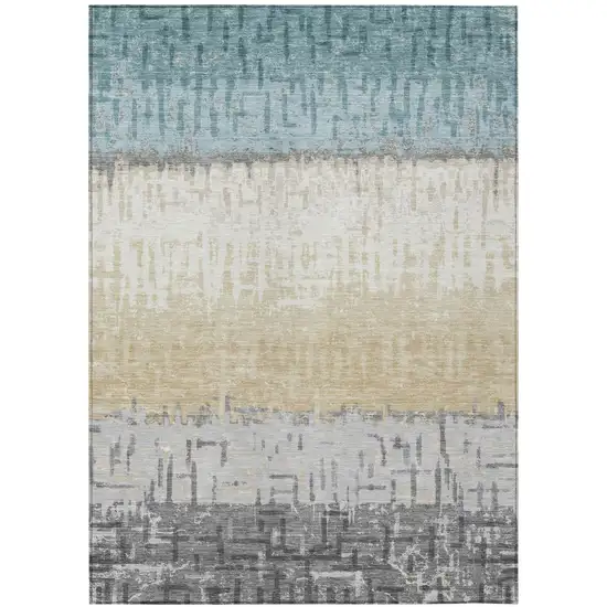 Teal Blue And Pewter Striped Washable Indoor Outdoor Area Rug Photo 2