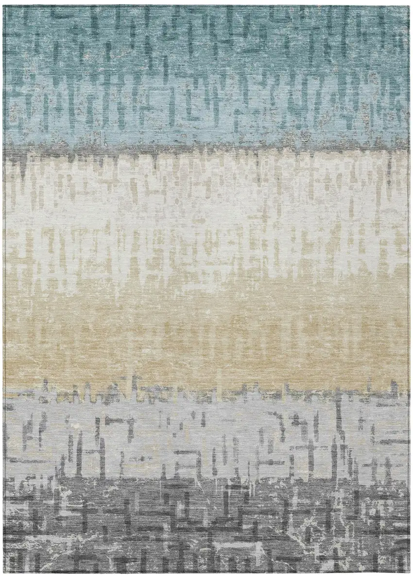Teal Blue And Pewter Striped Washable Indoor Outdoor Area Rug Photo 2