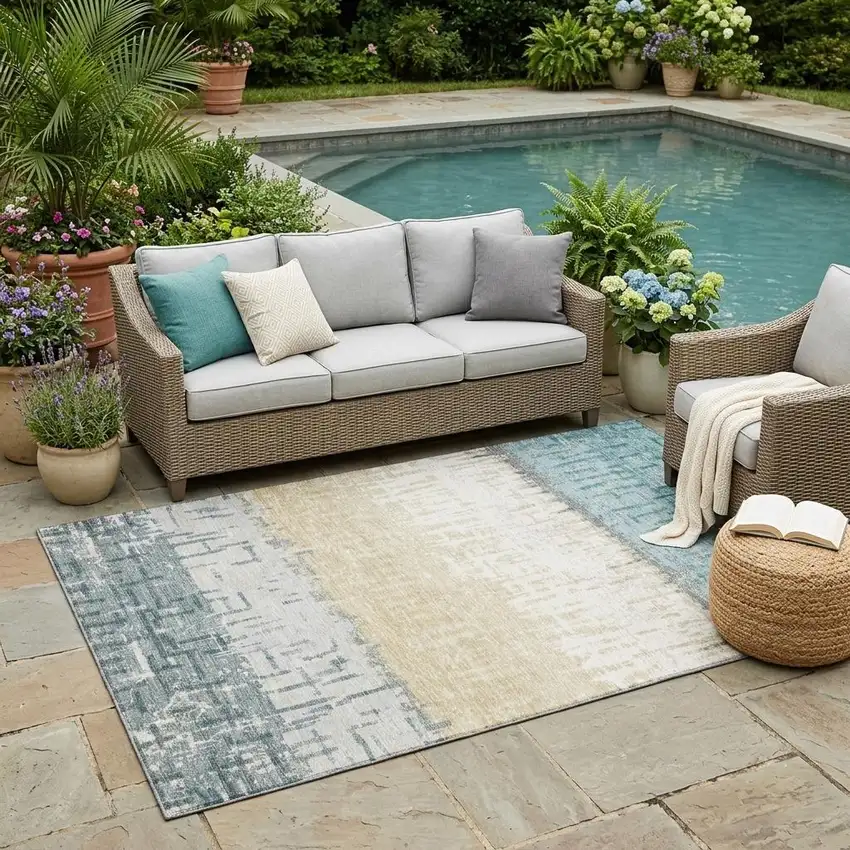 Teal Blue And Pewter Striped Washable Indoor Outdoor Area Rug Photo 1
