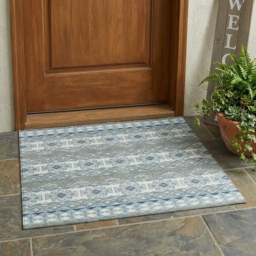 Teal Blue And Pewter Striped Washable Indoor Outdoor Area Rug Photo 1