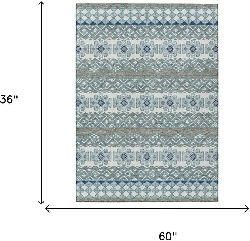 Teal Blue And Pewter Striped Washable Indoor Outdoor Area Rug Photo 5