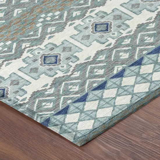 Teal Blue And Pewter Striped Washable Indoor Outdoor Area Rug Photo 3