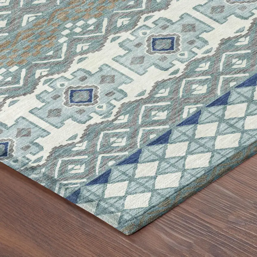 Teal Blue And Pewter Striped Washable Indoor Outdoor Area Rug Photo 3