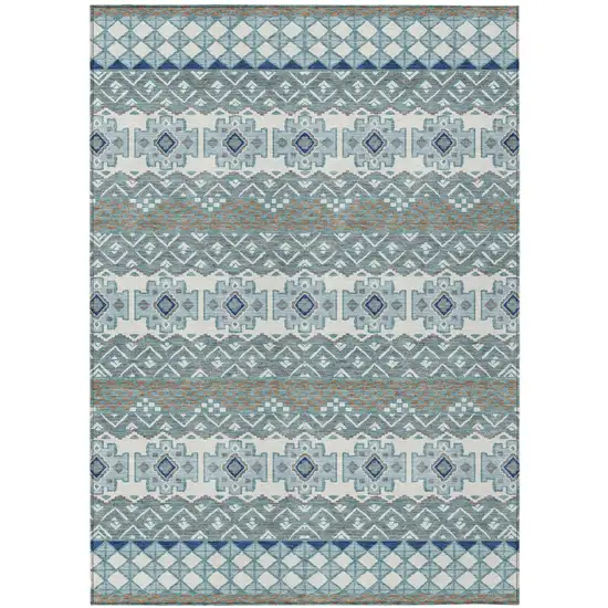 Teal Blue And Pewter Striped Washable Indoor Outdoor Area Rug Photo 2