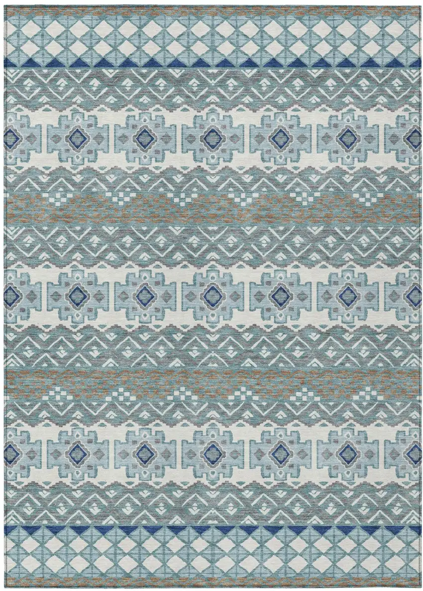 Teal Blue And Pewter Striped Washable Indoor Outdoor Area Rug Photo 2