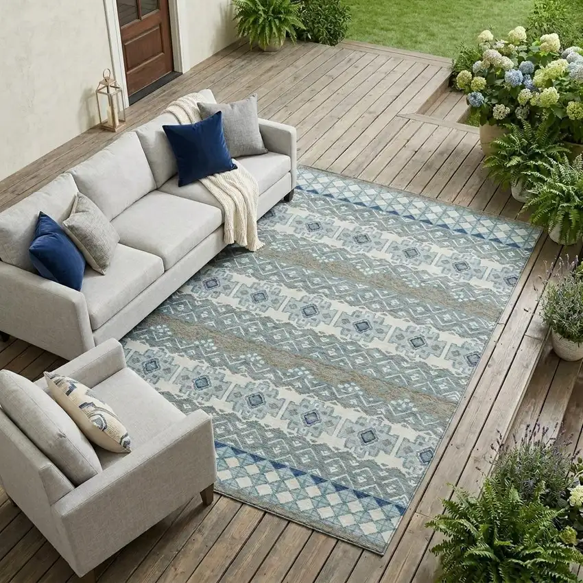 Teal Blue And Pewter Striped Washable Indoor Outdoor Area Rug Photo 1