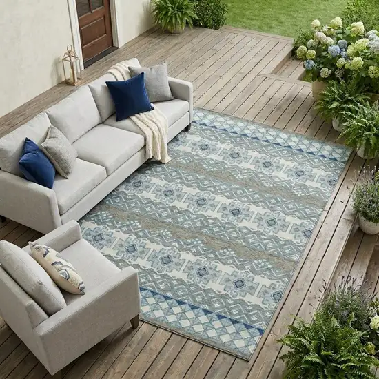 Teal Blue And Pewter Striped Washable Indoor Outdoor Area Rug Photo 1