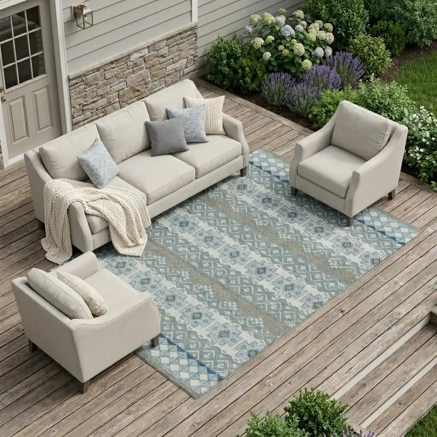 Teal Blue And Pewter Striped Washable Indoor Outdoor Area Rug Photo 1