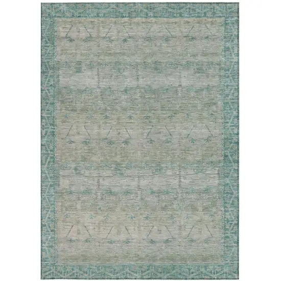Teal Blue And Pewter Tribal Washable Indoor Outdoor Area Rug Photo 4