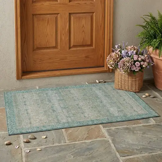 Teal Blue And Pewter Tribal Washable Indoor Outdoor Area Rug Photo 1