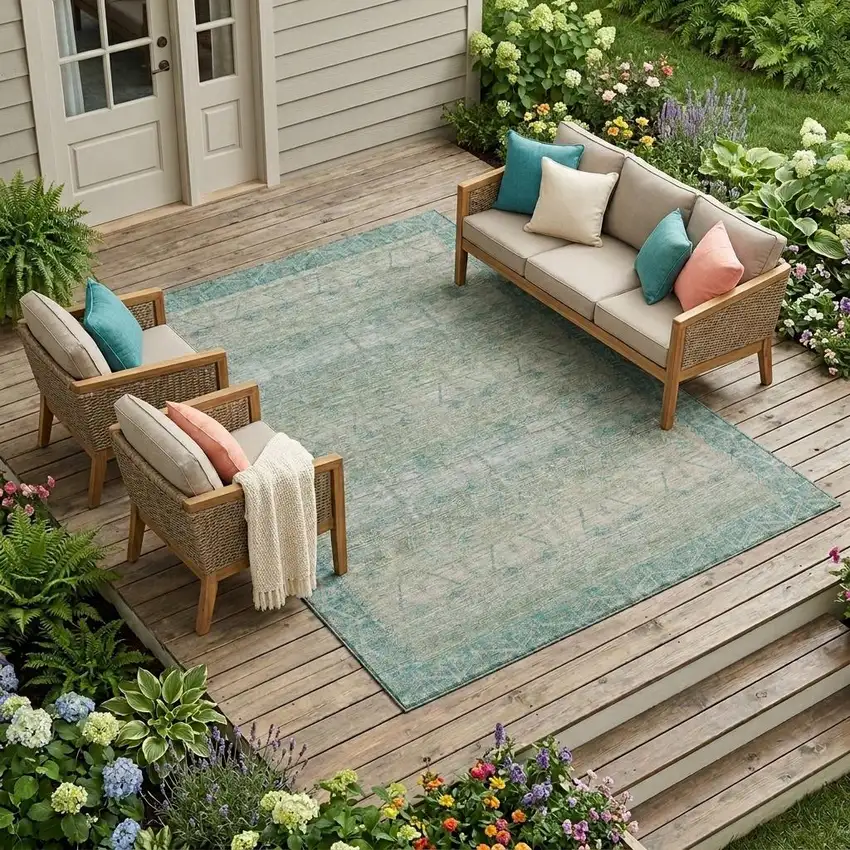 Teal Blue And Pewter Tribal Washable Indoor Outdoor Area Rug Photo 1