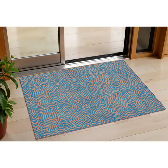 Teal Blue And Pink Abstract Washable Indoor Outdoor Area Rug Photo 1