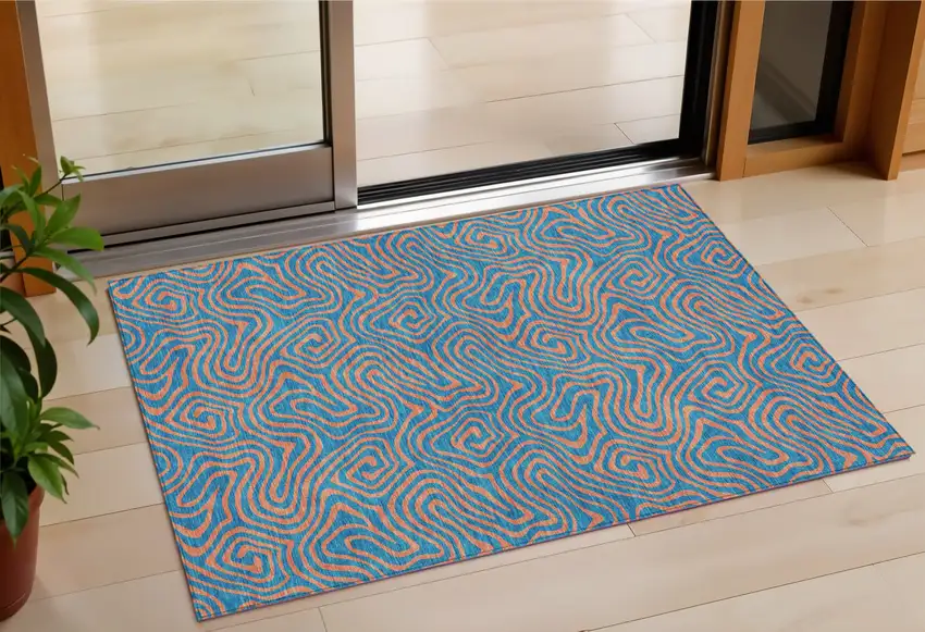 Teal Blue And Pink Abstract Washable Indoor Outdoor Area Rug Photo 1
