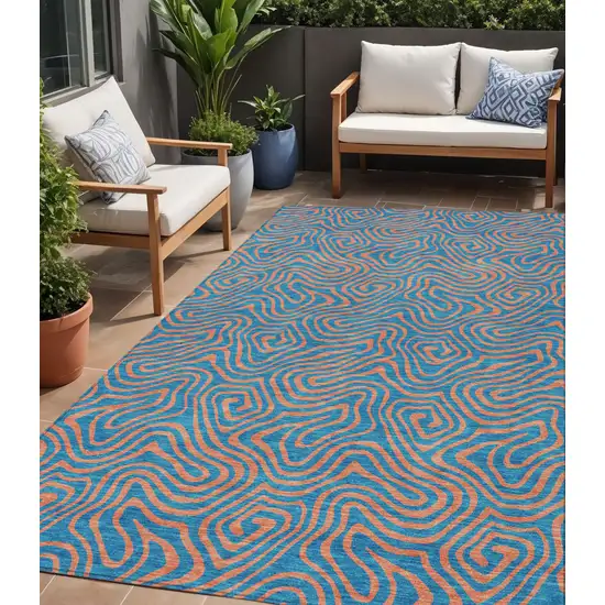 Teal Blue And Pink Abstract Washable Indoor Outdoor Area Rug Photo 1