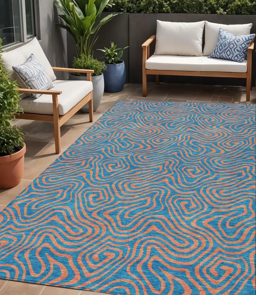 Teal Blue And Pink Abstract Washable Indoor Outdoor Area Rug Photo 1