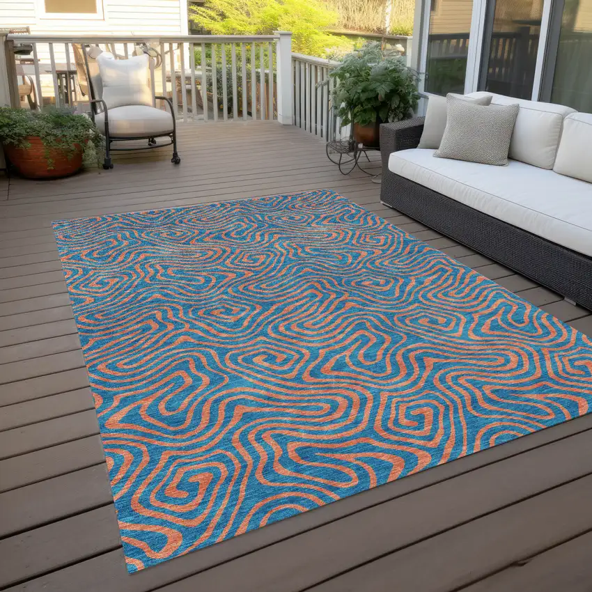 Teal Blue And Pink Abstract Washable Indoor Outdoor Area Rug Photo 9
