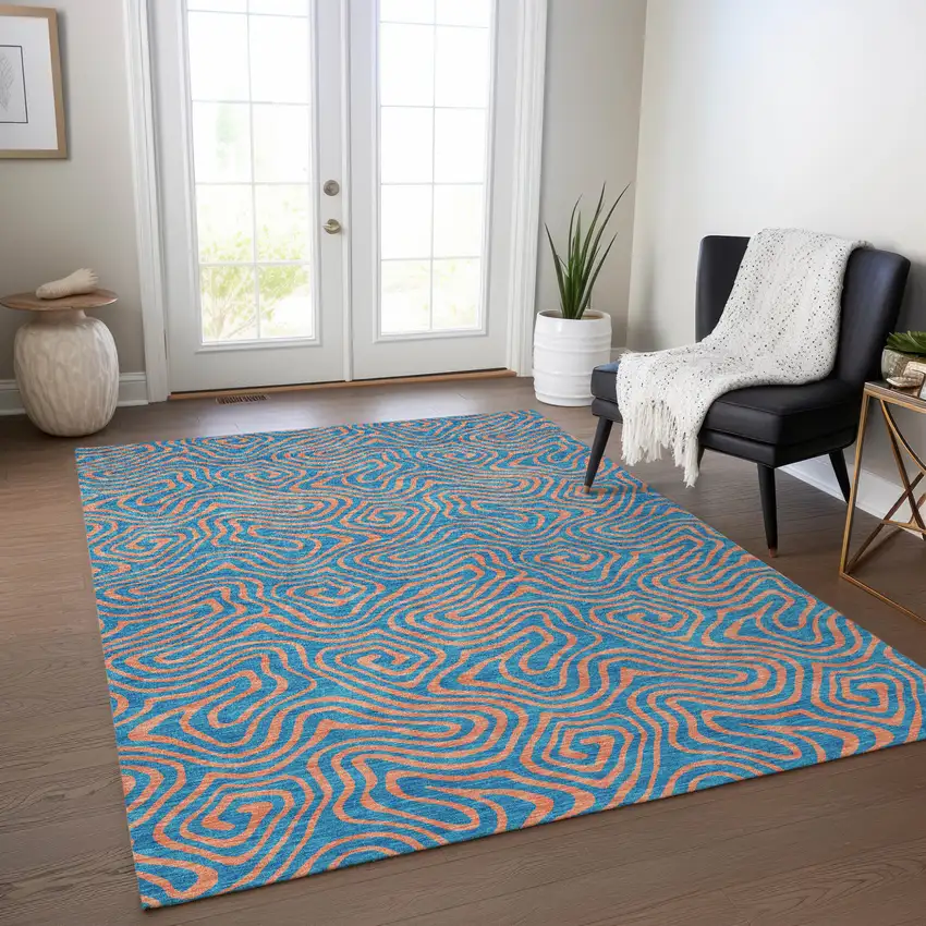Teal Blue And Pink Abstract Washable Indoor Outdoor Area Rug Photo 9