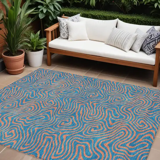 Teal Blue And Pink Abstract Washable Indoor Outdoor Area Rug Photo 1