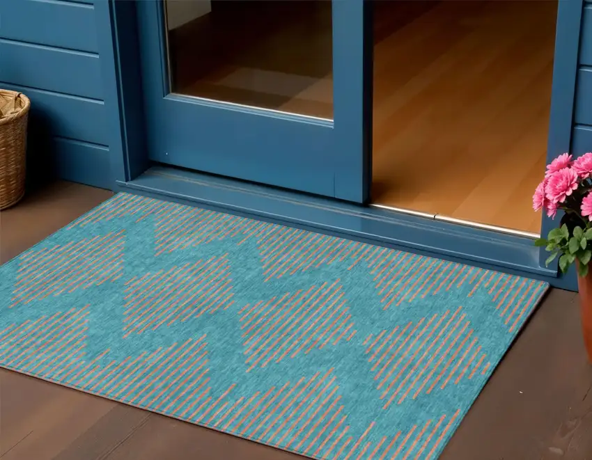 Teal Blue And Pink Geometric Washable Indoor Outdoor Area Rug Photo 1