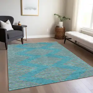 Photo of Teal Blue And Pink Geometric Washable Indoor Outdoor Area Rug