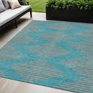 Photo of Teal Blue And Pink Geometric Washable Indoor Outdoor Area Rug