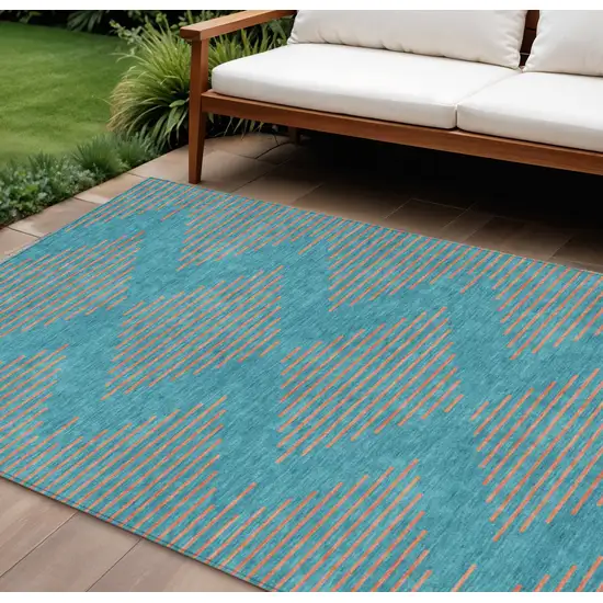 Teal Blue And Pink Geometric Washable Indoor Outdoor Area Rug Photo 1