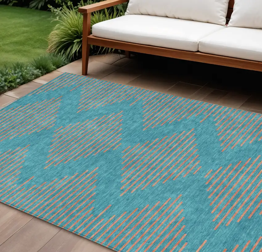 Teal Blue And Pink Geometric Washable Indoor Outdoor Area Rug Photo 1