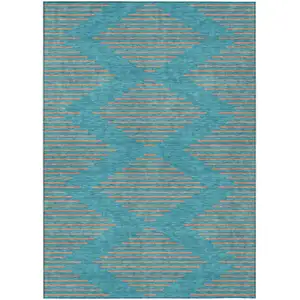 Photo of Teal Blue And Pink Geometric Washable Indoor Outdoor Area Rug