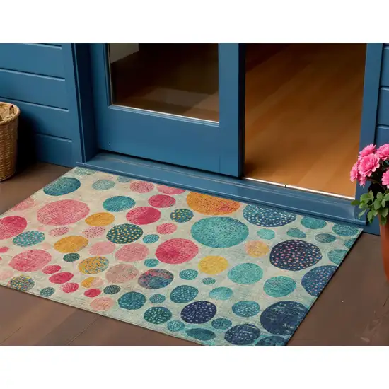 Teal Blue And Pink Geometric Washable Indoor Outdoor Area Rug Photo 2