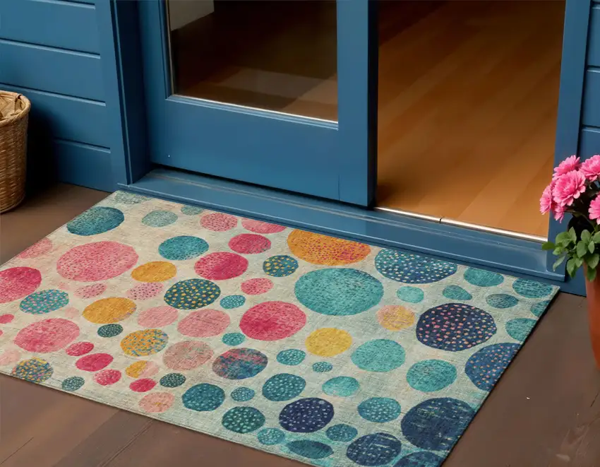 Teal Blue And Pink Geometric Washable Indoor Outdoor Area Rug Photo 2