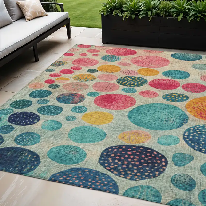 Teal Blue And Pink Geometric Washable Indoor Outdoor Area Rug Photo 2