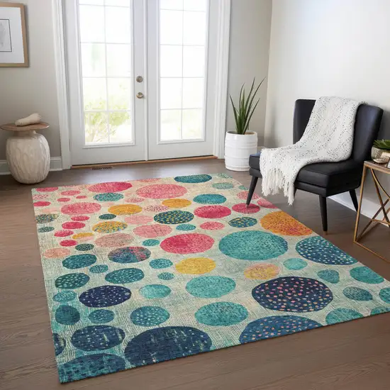 Teal Blue And Pink Geometric Washable Indoor Outdoor Area Rug Photo 5