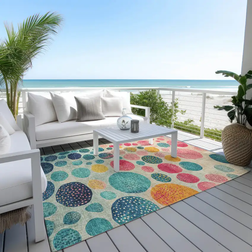 Teal Blue And Pink Geometric Washable Indoor Outdoor Area Rug Photo 4