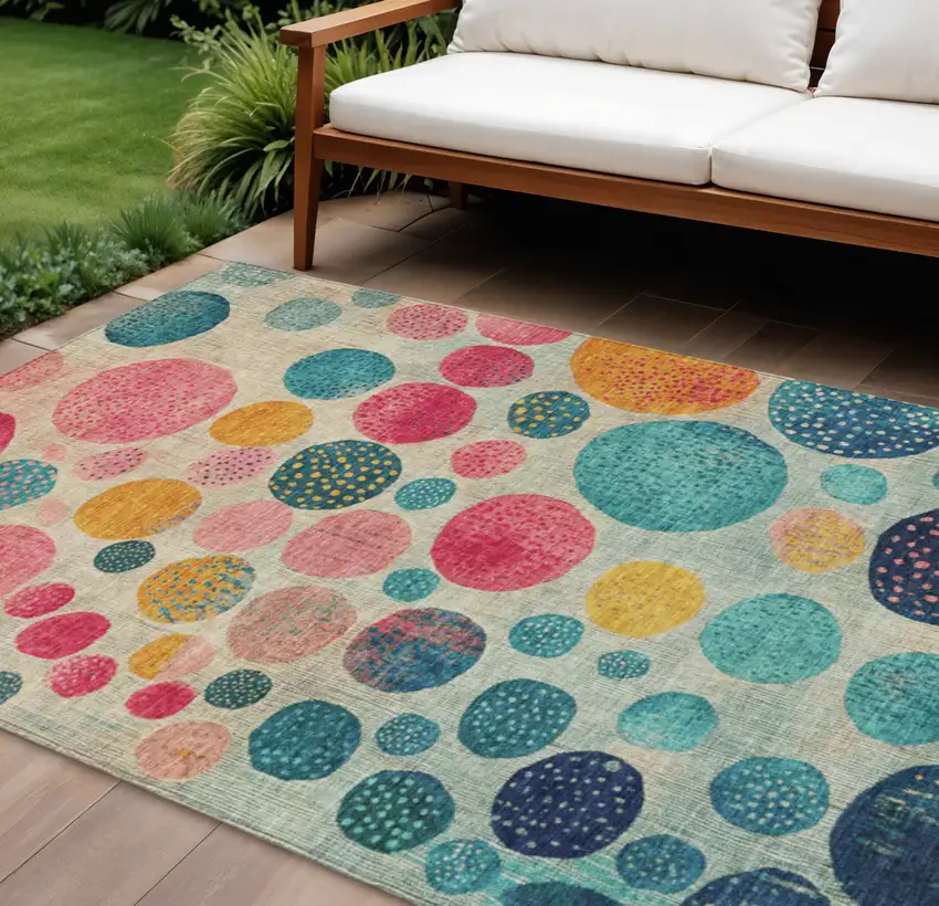 Teal Blue And Pink Geometric Washable Indoor Outdoor Area Rug Photo 2