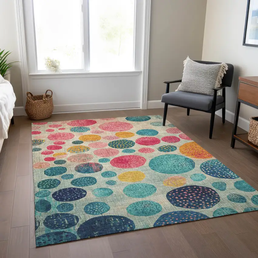 Teal Blue And Pink Geometric Washable Indoor Outdoor Area Rug Photo 5